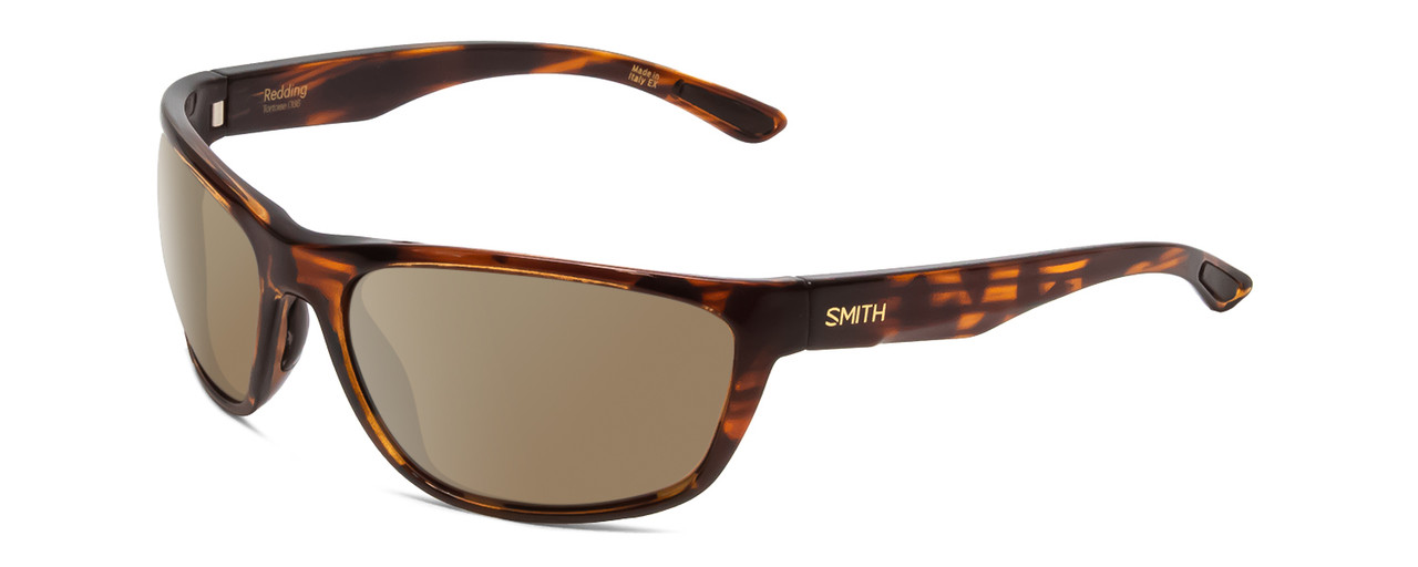 Profile View of Smith Optics Redding Designer Polarized Sunglasses with Custom Cut Amber Brown Lenses in Tortoise Havana Brown Gold Unisex Wrap Full Rim Acetate 62 mm