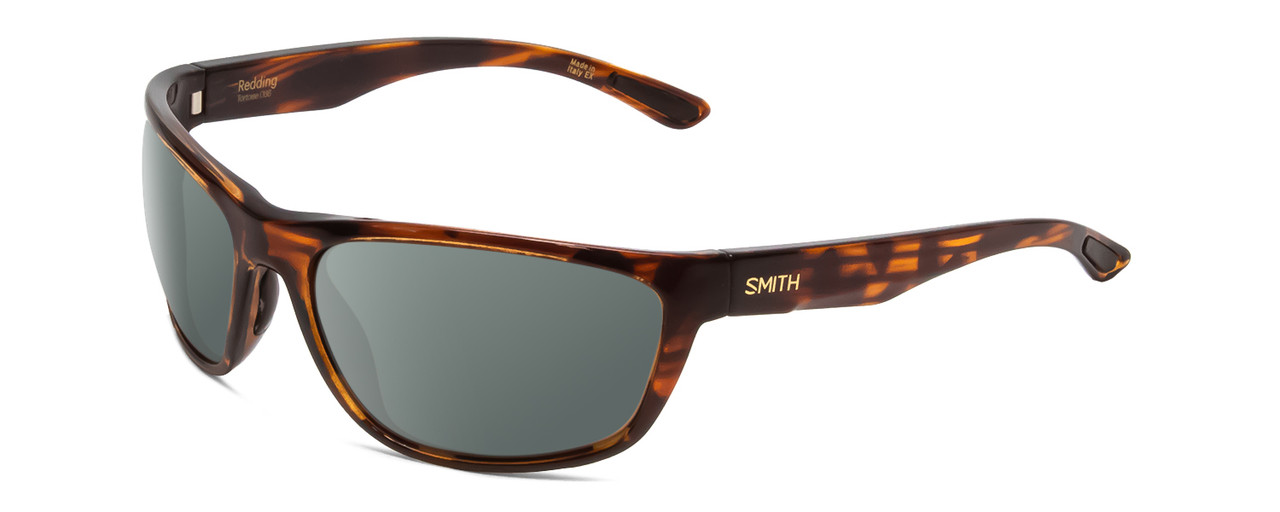 Profile View of Smith Optics Redding Designer Polarized Sunglasses with Custom Cut Smoke Grey Lenses in Tortoise Havana Brown Gold Unisex Wrap Full Rim Acetate 62 mm