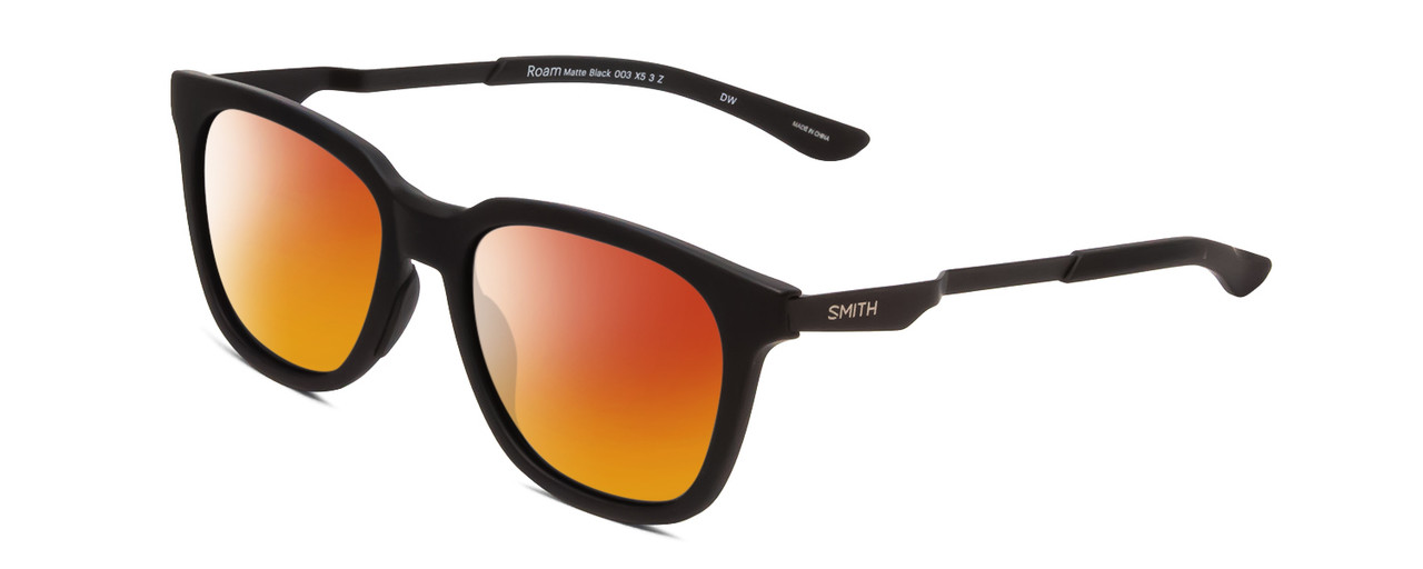 Profile View of Smith Optics Roam Designer Polarized Sunglasses with Custom Cut Red Mirror Lenses in Matte Black Unisex Classic Full Rim Acetate 53 mm