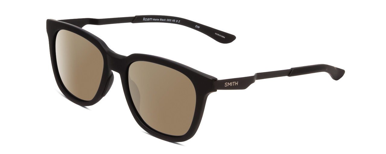 Profile View of Smith Optics Roam Designer Polarized Sunglasses with Custom Cut Amber Brown Lenses in Matte Black Unisex Classic Full Rim Acetate 53 mm