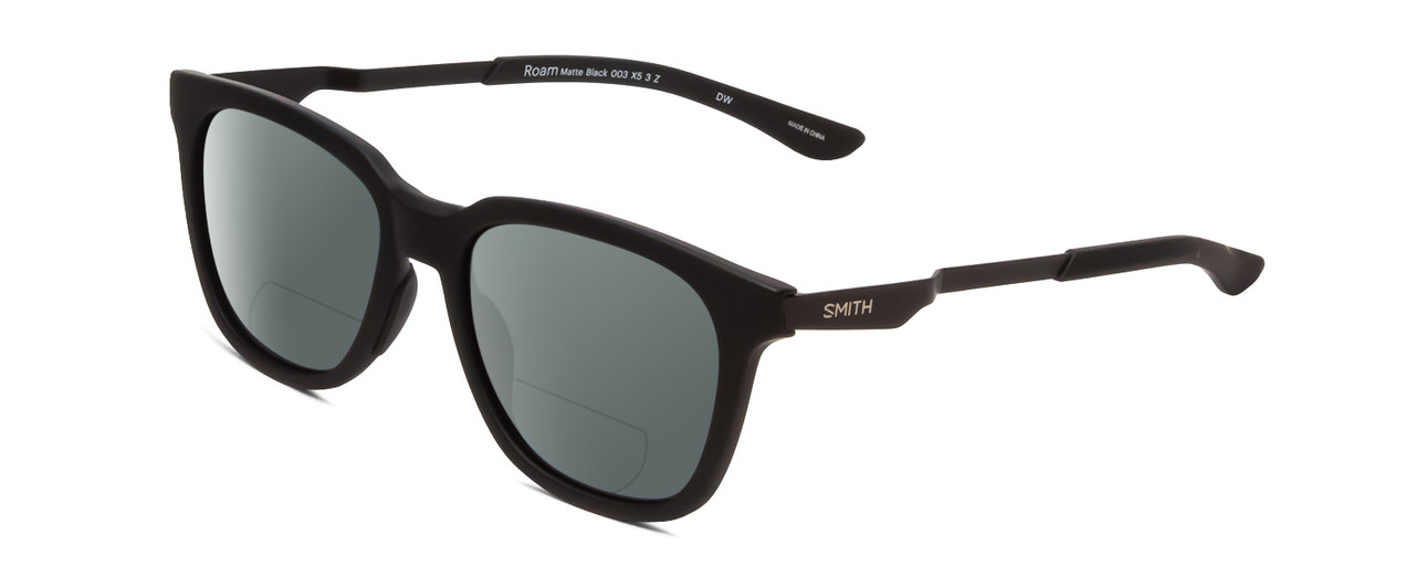 Profile View of Smith Optics Roam Designer Polarized Reading Sunglasses with Custom Cut Powered Smoke Grey Lenses in Matte Black Unisex Classic Full Rim Acetate 53 mm