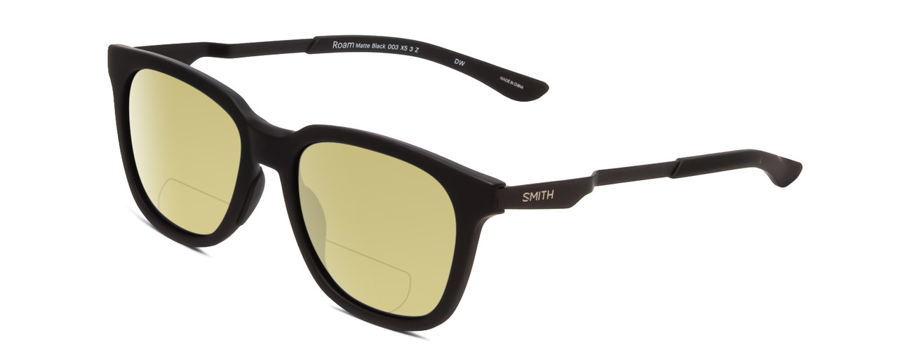 Profile View of Smith Optics Roam Designer Polarized Reading Sunglasses with Custom Cut Powered Sun Flower Yellow Lenses in Matte Black Unisex Classic Full Rim Acetate 53 mm