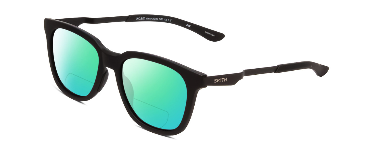 Profile View of Smith Optics Roam Designer Polarized Reading Sunglasses with Custom Cut Powered Green Mirror Lenses in Matte Black Unisex Classic Full Rim Acetate 53 mm