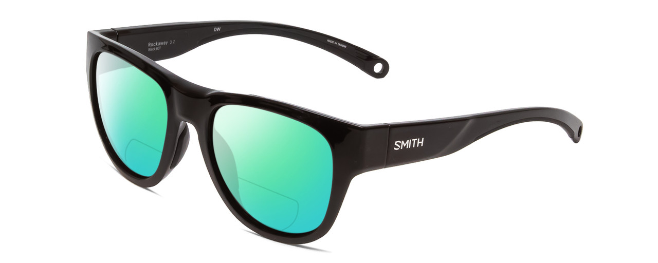 Profile View of Smith Optics Rockaway Designer Polarized Reading Sunglasses with Custom Cut Powered Green Mirror Lenses in Gloss Black Ladies Cateye Full Rim Acetate 52 mm