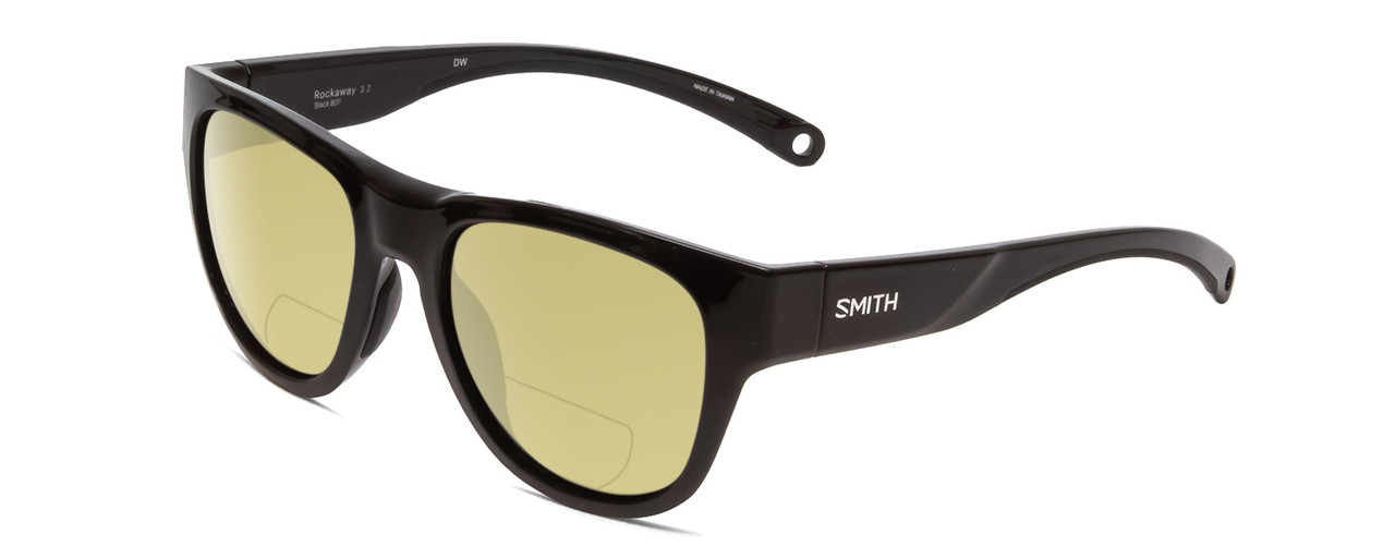 Profile View of Smith Optics Rockaway Designer Polarized Reading Sunglasses with Custom Cut Powered Sun Flower Yellow Lenses in Gloss Black Ladies Cateye Full Rim Acetate 52 mm