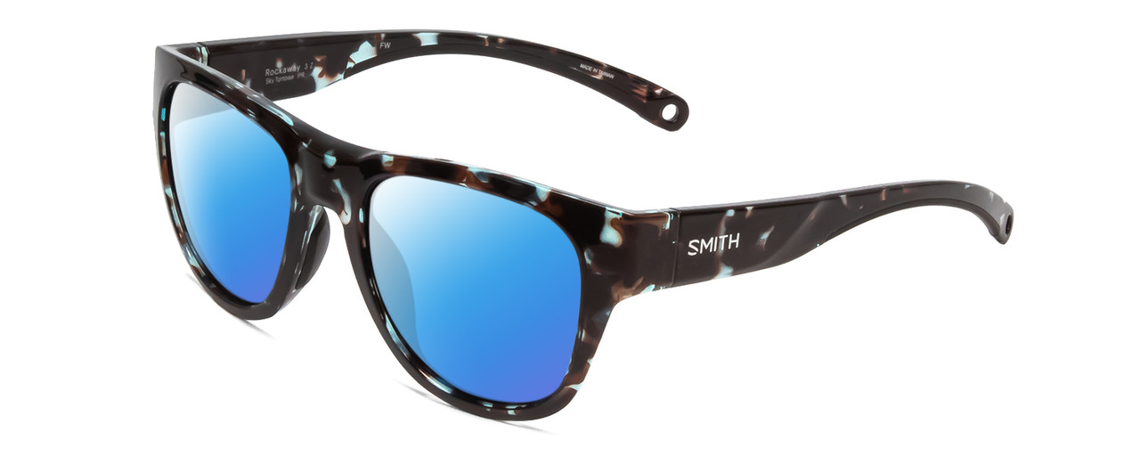 Profile View of Smith Optics Rockaway Designer Polarized Sunglasses with Custom Cut Blue Mirror Lenses in Sky Tortoise Havana Marble Brown Ladies Cateye Full Rim Acetate 52 mm