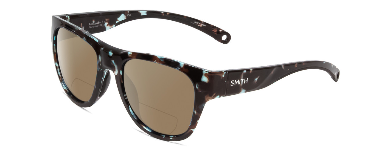 Profile View of Smith Optics Rockaway Designer Polarized Reading Sunglasses with Custom Cut Powered Amber Brown Lenses in Sky Tortoise Havana Marble Brown Ladies Cateye Full Rim Acetate 52 mm