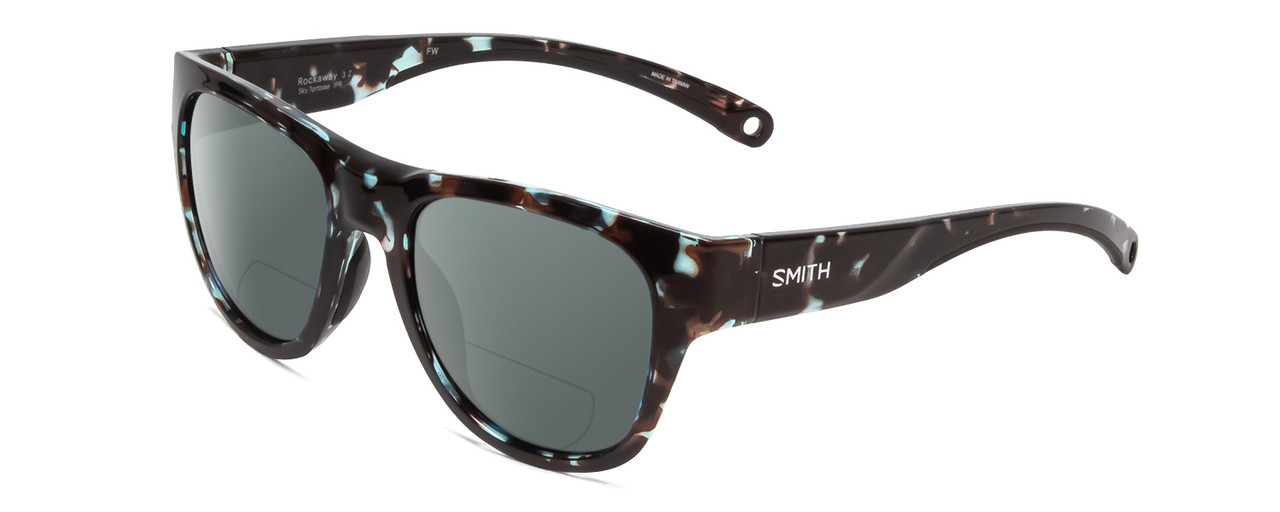 Profile View of Smith Optics Rockaway Designer Polarized Reading Sunglasses with Custom Cut Powered Smoke Grey Lenses in Sky Tortoise Havana Marble Brown Ladies Cateye Full Rim Acetate 52 mm