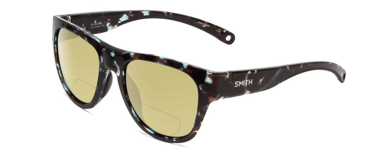 Profile View of Smith Optics Rockaway Designer Polarized Reading Sunglasses with Custom Cut Powered Sun Flower Yellow Lenses in Sky Tortoise Havana Marble Brown Ladies Cateye Full Rim Acetate 52 mm