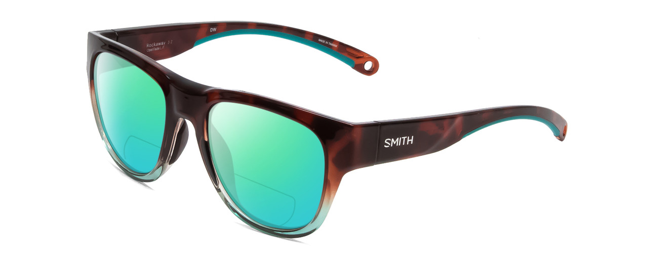 Profile View of Smith Optics Rockaway Designer Polarized Reading Sunglasses with Custom Cut Powered Green Mirror Lenses in Tortoise Havana Brown Gold Crystal Opal Fade Ladies Cateye Full Rim Acetate 52 mm