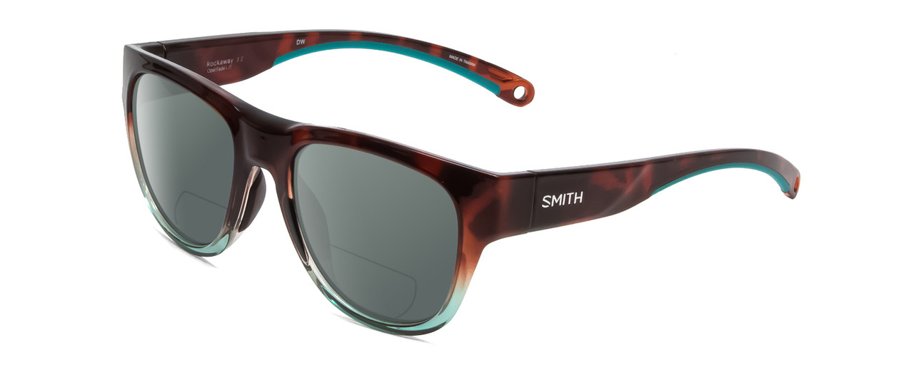 Profile View of Smith Optics Rockaway Designer Polarized Reading Sunglasses with Custom Cut Powered Smoke Grey Lenses in Tortoise Havana Brown Gold Crystal Opal Fade Ladies Cateye Full Rim Acetate 52 mm