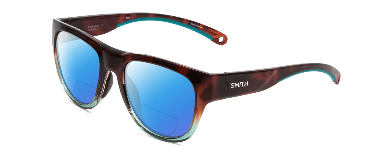 Profile View of Smith Optics Rockaway Designer Polarized Reading Sunglasses with Custom Cut Powered Blue Mirror Lenses in Tortoise Havana Brown Gold Crystal Opal Fade Ladies Cateye Full Rim Acetate 52 mm