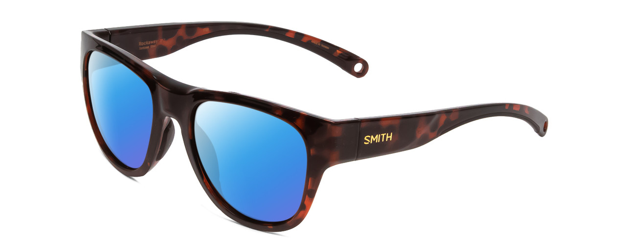 Profile View of Smith Optics Rockaway Designer Polarized Sunglasses with Custom Cut Blue Mirror Lenses in Tortoise Havana Gold Ladies Cateye Full Rim Acetate 52 mm