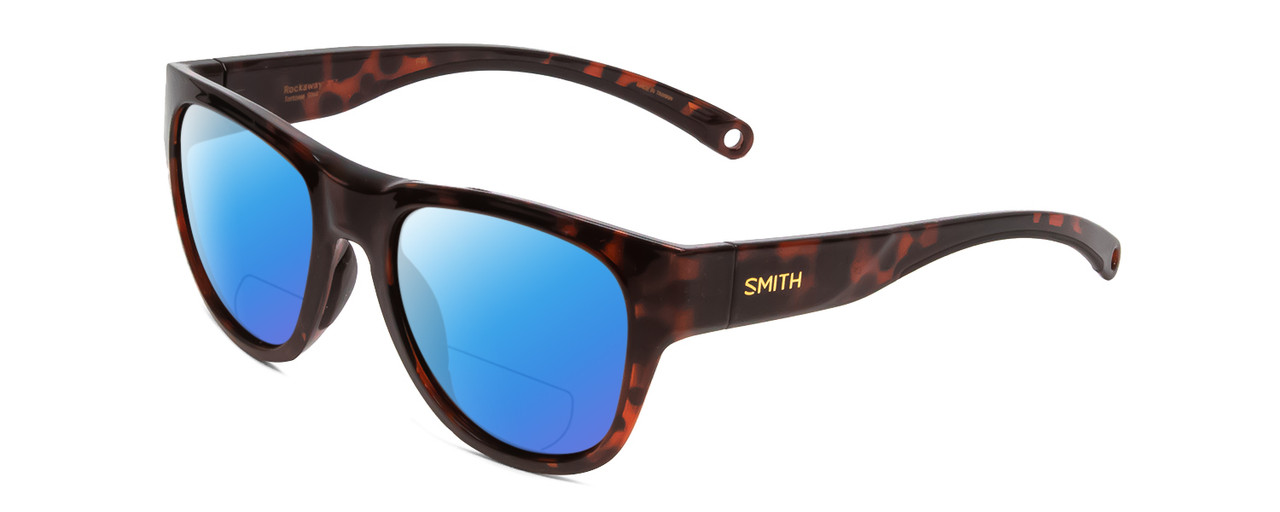 Profile View of Smith Optics Rockaway Designer Polarized Reading Sunglasses with Custom Cut Powered Blue Mirror Lenses in Tortoise Havana Gold Ladies Cateye Full Rim Acetate 52 mm