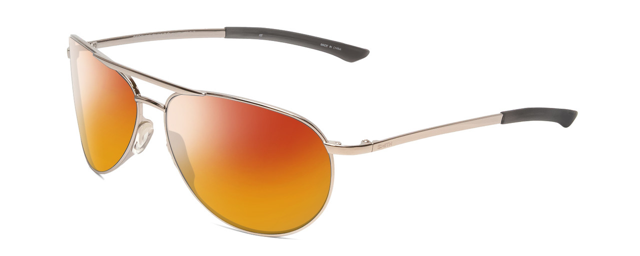 Profile View of Smith Optics Serpico Slim 2 Designer Polarized Sunglasses with Custom Cut Red Mirror Lenses in Silver Black Unisex Pilot Full Rim Metal 60 mm