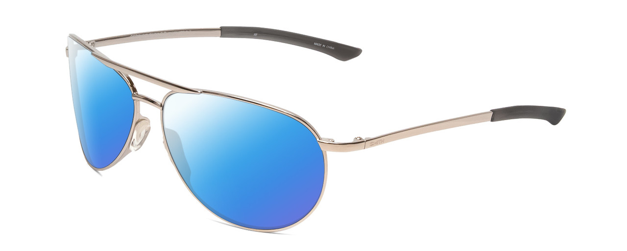 Profile View of Smith Optics Serpico Slim 2 Designer Polarized Sunglasses with Custom Cut Blue Mirror Lenses in Silver Black Unisex Pilot Full Rim Metal 60 mm