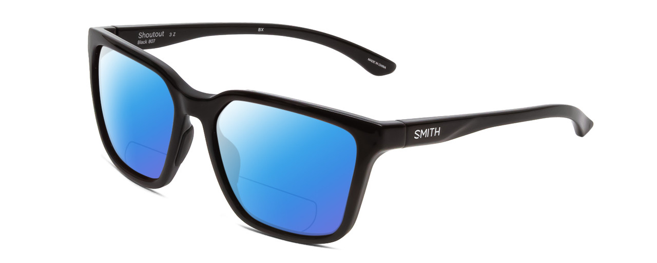 Profile View of Smith Optics Shoutout Designer Polarized Reading Sunglasses with Custom Cut Powered Blue Mirror Lenses in Gloss Black Unisex Retro Full Rim Acetate 57 mm