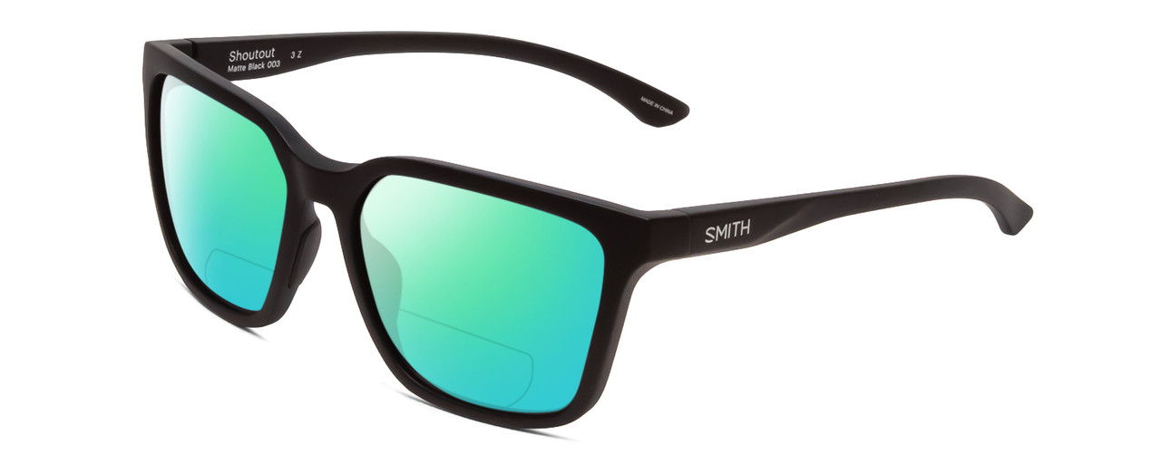 Profile View of Smith Optics Shoutout Designer Polarized Reading Sunglasses with Custom Cut Powered Green Mirror Lenses in Matte Black Unisex Retro Full Rim Acetate 57 mm