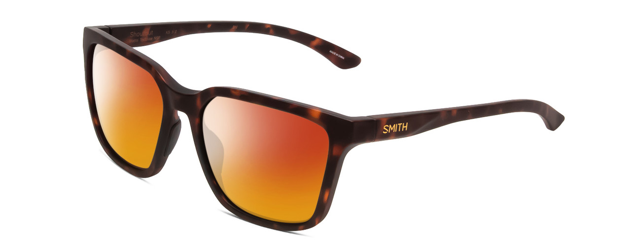 Profile View of Smith Optics Shoutout Designer Polarized Sunglasses with Custom Cut Red Mirror Lenses in Matte Tortoise Havana Brown Gold Unisex Retro Full Rim Acetate 57 mm