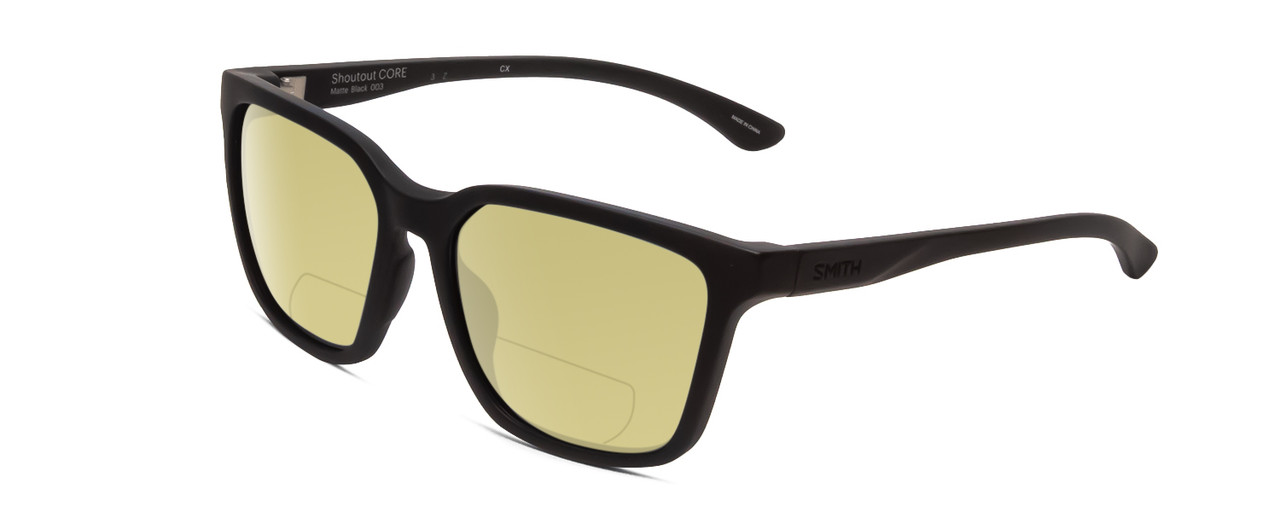 Profile View of Smith Optics Shoutout Core Designer Polarized Reading Sunglasses with Custom Cut Powered Sun Flower Yellow Lenses in Matte Black Unisex Retro Full Rim Acetate 57 mm