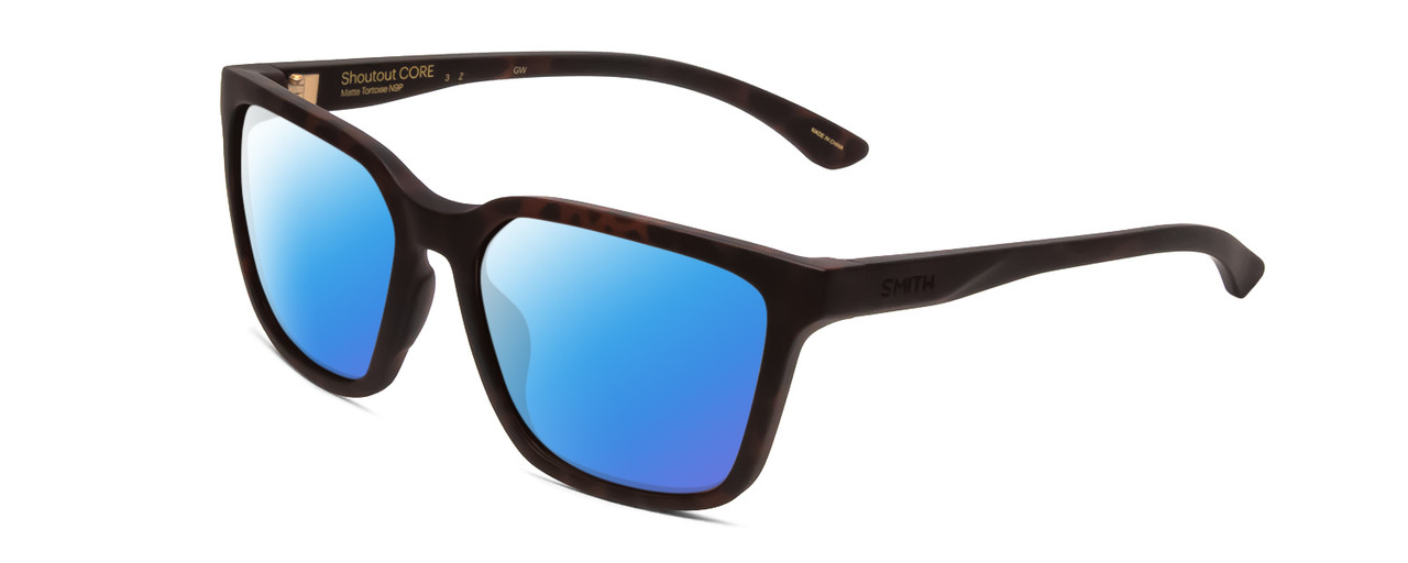 Profile View of Smith Optics Shoutout Core Designer Polarized Sunglasses with Custom Cut Blue Mirror Lenses in Matte Tortoise Havana Gold Unisex Retro Full Rim Acetate 57 mm