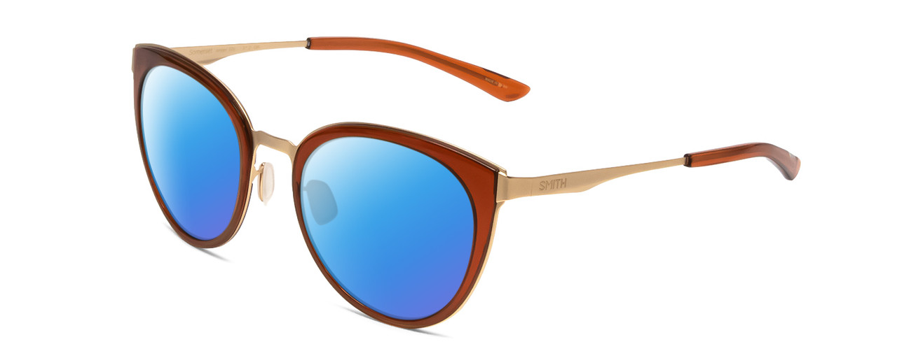 Profile View of Smith Optics Somerset Designer Polarized Sunglasses with Custom Cut Blue Mirror Lenses in Amber Ladies Cateye Full Rim Stainless Steel 53 mm