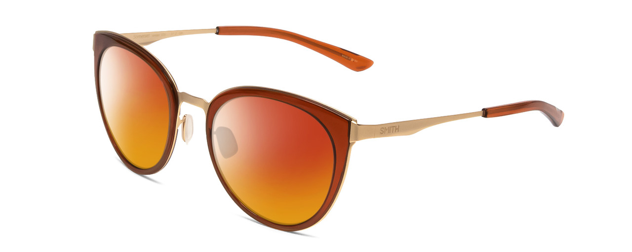 Profile View of Smith Optics Somerset Designer Polarized Sunglasses with Custom Cut Red Mirror Lenses in Amber Ladies Cateye Full Rim Stainless Steel 53 mm