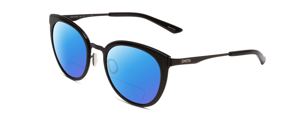 Profile View of Smith Optics Somerset Designer Polarized Reading Sunglasses with Custom Cut Powered Blue Mirror Lenses in Gloss Black Ladies Cateye Full Rim Stainless Steel 53 mm