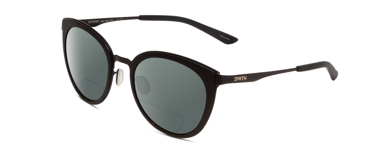 Profile View of Smith Optics Somerset Designer Polarized Reading Sunglasses with Custom Cut Powered Smoke Grey Lenses in Matte Black Ladies Cateye Full Rim Stainless Steel 53 mm