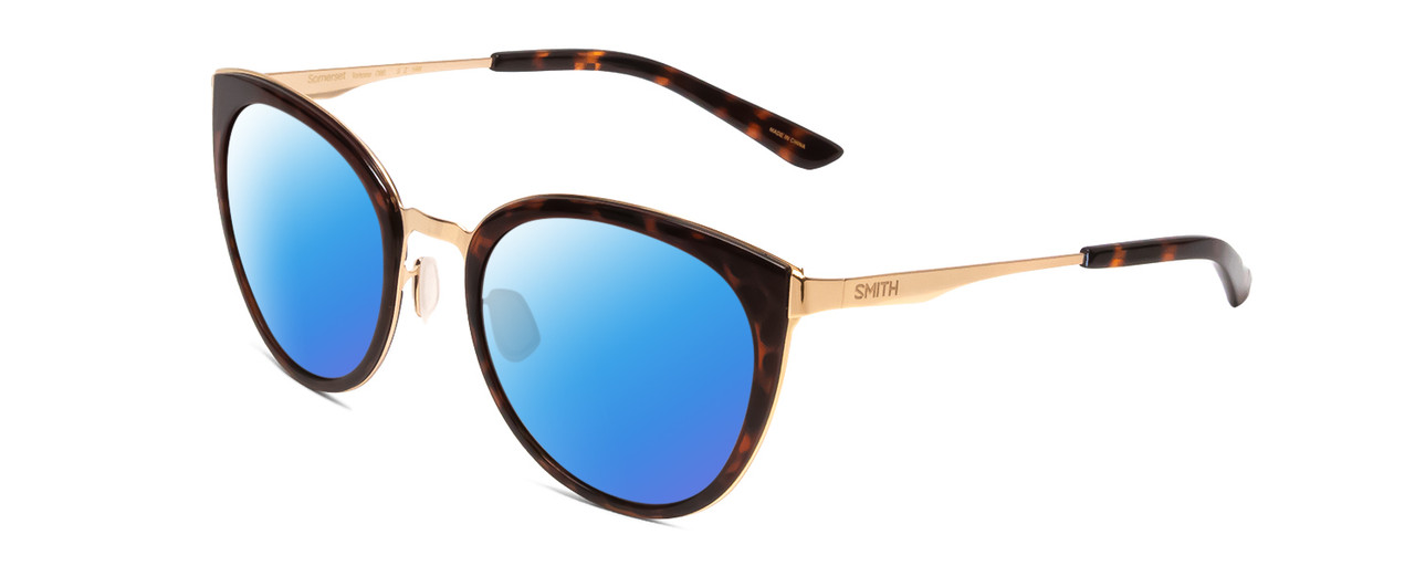 Profile View of Smith Optics Somerset Designer Polarized Sunglasses with Custom Cut Blue Mirror Lenses in Tortoise Havana Gold Ladies Cateye Full Rim Stainless Steel 53 mm