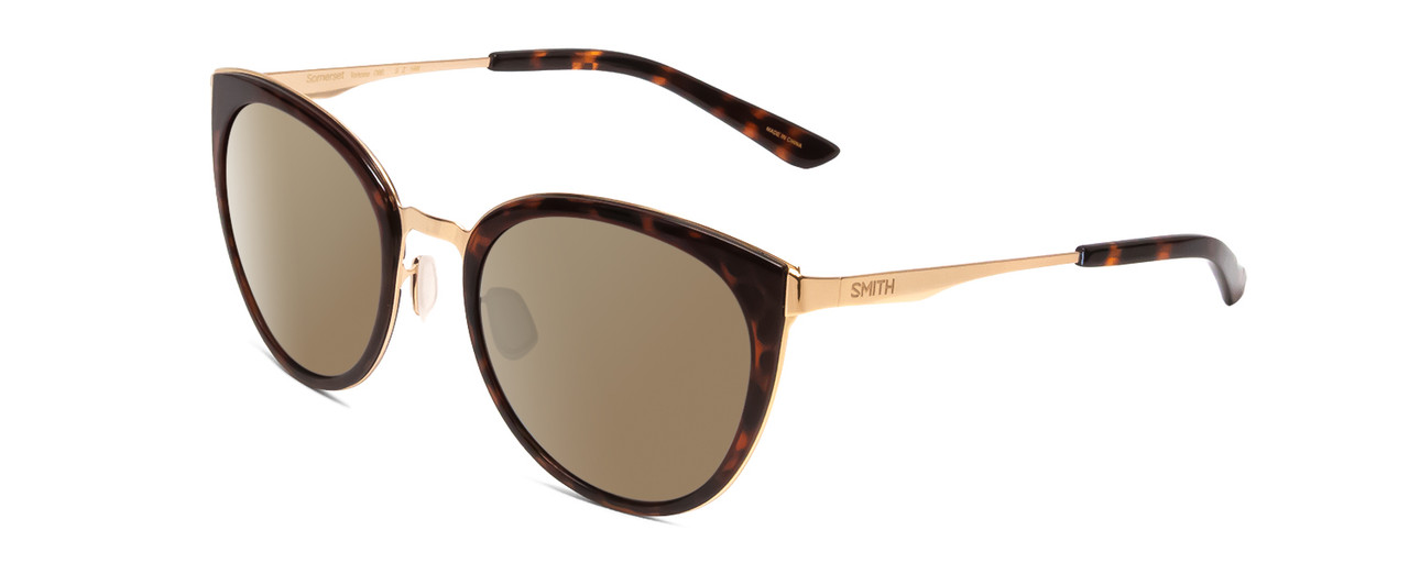Profile View of Smith Optics Somerset Designer Polarized Sunglasses with Custom Cut Amber Brown Lenses in Tortoise Havana Gold Ladies Cateye Full Rim Stainless Steel 53 mm