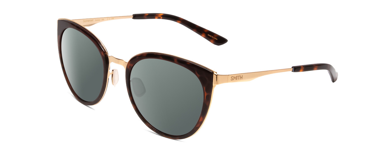 Profile View of Smith Optics Somerset Designer Polarized Sunglasses with Custom Cut Smoke Grey Lenses in Tortoise Havana Gold Ladies Cateye Full Rim Stainless Steel 53 mm