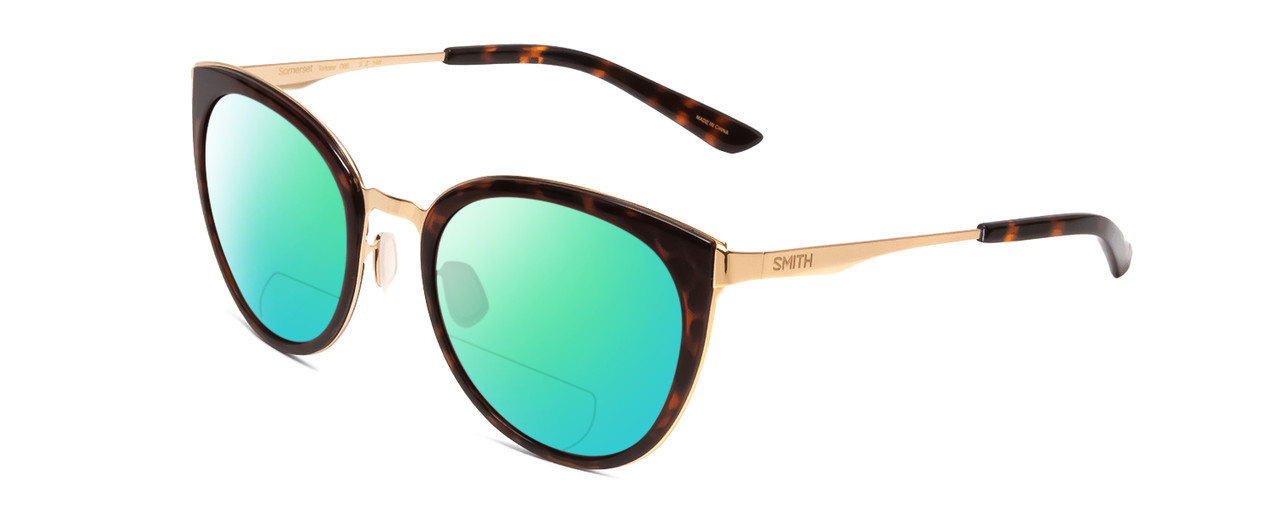 Profile View of Smith Optics Somerset Designer Polarized Reading Sunglasses with Custom Cut Powered Green Mirror Lenses in Tortoise Havana Gold Ladies Cateye Full Rim Stainless Steel 53 mm