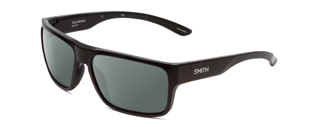 Profile View of Smith Optics Soundtrack Designer Polarized Sunglasses with Custom Cut Smoke Grey Lenses in Gloss Black Unisex Rectangle Full Rim Acetate 61 mm