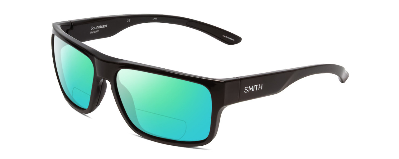 Profile View of Smith Optics Soundtrack Designer Polarized Reading Sunglasses with Custom Cut Powered Green Mirror Lenses in Gloss Black Unisex Rectangle Full Rim Acetate 61 mm