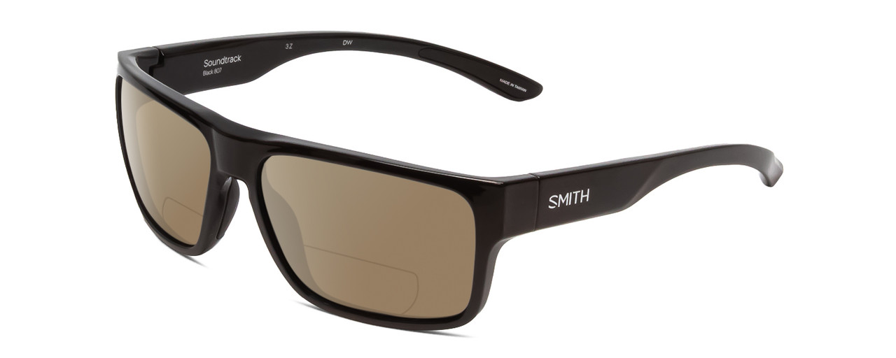 Profile View of Smith Optics Soundtrack Designer Polarized Reading Sunglasses with Custom Cut Powered Amber Brown Lenses in Gloss Black Unisex Rectangle Full Rim Acetate 61 mm