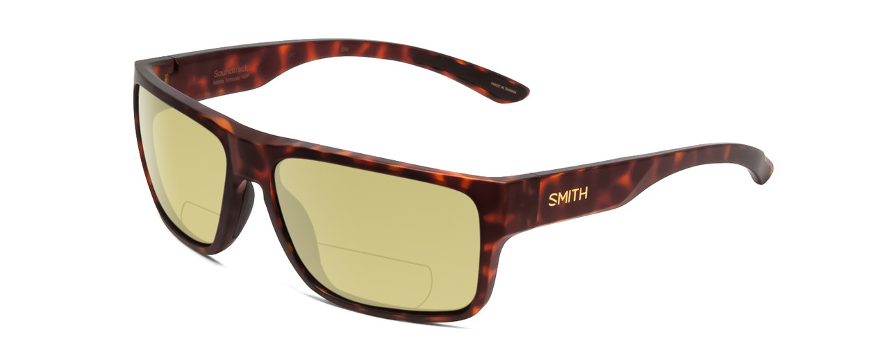 Profile View of Smith Optics Soundtrack Designer Polarized Reading Sunglasses with Custom Cut Powered Sun Flower Yellow Lenses in Matte Tortoise Havana Gold Unisex Rectangle Full Rim Acetate 61 mm