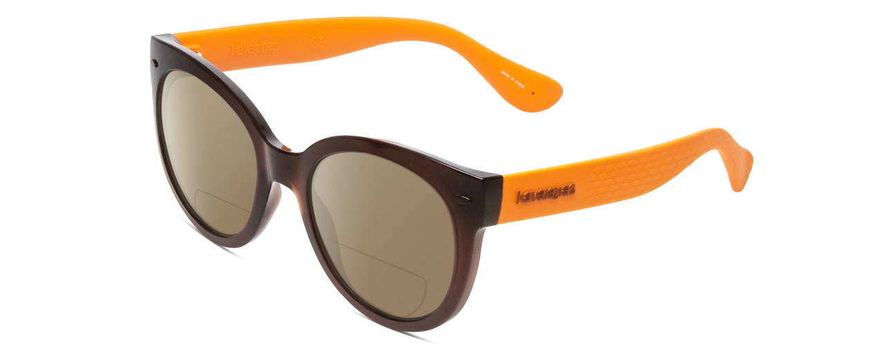 Profile View of Havaianas NORONHA/M Designer Polarized Reading Sunglasses with Custom Cut Powered Amber Brown Lenses in Crystal Brown Ochre Orange Ladies Cateye Full Rim Acetate 52 mm