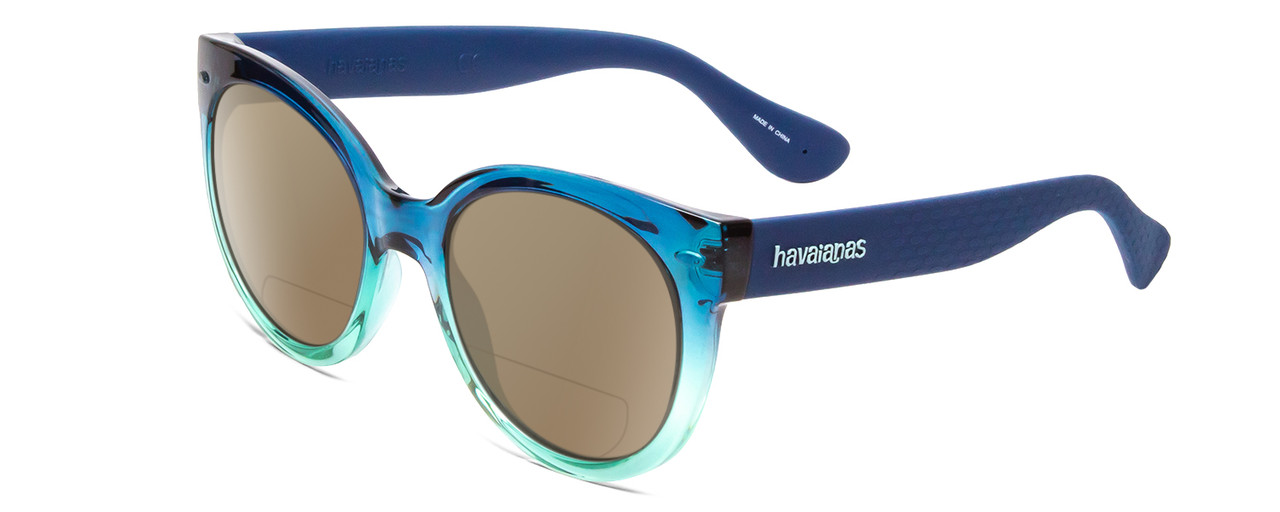 Profile View of Havaianas NORONHA/M Designer Polarized Reading Sunglasses with Custom Cut Powered Amber Brown Lenses in Crystal Ocean Teal Fade Ladies Cateye Full Rim Acetate 52 mm