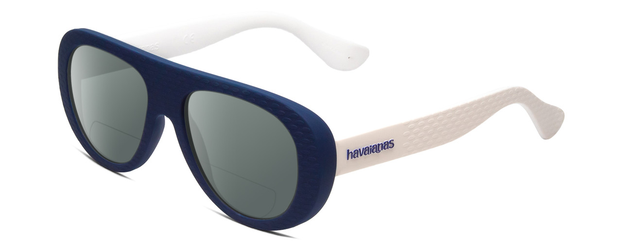 Profile View of Havaianas RIO/M Designer Polarized Reading Sunglasses with Custom Cut Powered Smoke Grey Lenses in Matte Blue White Unisex Retro Full Rim Acetate 54 mm