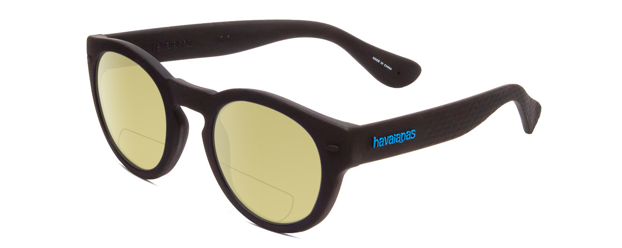 Profile View of Havaianas TRANCOSO/M Designer Polarized Reading Sunglasses with Custom Cut Powered Sun Flower Yellow Lenses in Matte Black Unisex Round Full Rim Acetate 49 mm