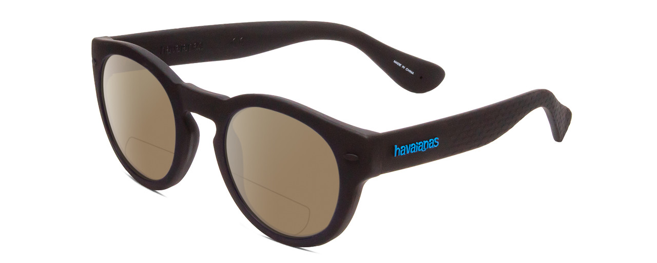 Profile View of Havaianas TRANCOSO/M Designer Polarized Reading Sunglasses with Custom Cut Powered Amber Brown Lenses in Matte Black Unisex Round Full Rim Acetate 49 mm