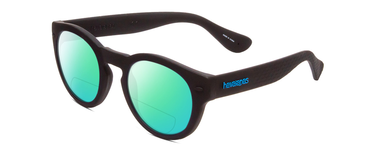 Profile View of Havaianas TRANCOSO/M Designer Polarized Reading Sunglasses with Custom Cut Powered Green Mirror Lenses in Matte Black Unisex Round Full Rim Acetate 49 mm