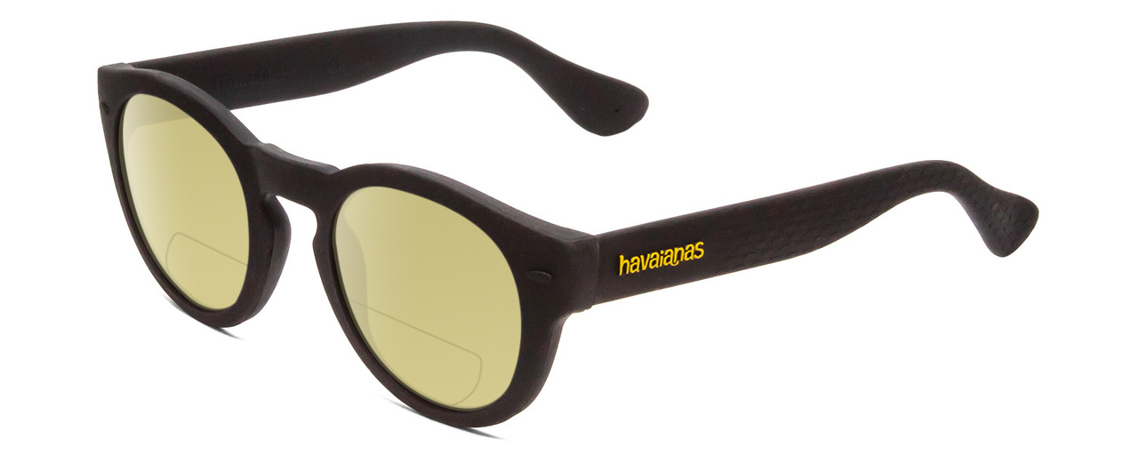 Profile View of Havaianas TRANCOSO/M Designer Polarized Reading Sunglasses with Custom Cut Powered Sun Flower Yellow Lenses in Matte Black Unisex Round Full Rim Acetate 49 mm