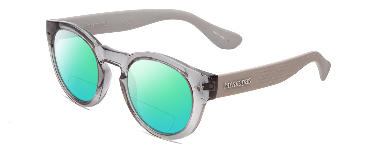 Profile View of Havaianas TRANCOSO/M Designer Polarized Reading Sunglasses with Custom Cut Powered Green Mirror Lenses in Crystal Silver Grey Unisex Round Full Rim Acetate 49 mm