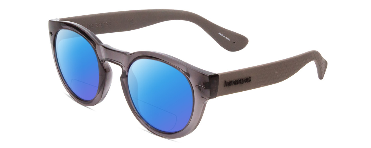 Profile View of Havaianas TRANCOSO/M Designer Polarized Reading Sunglasses with Custom Cut Powered Blue Mirror Lenses in Dark Crystal Slate Grey Unisex Round Full Rim Acetate 49 mm