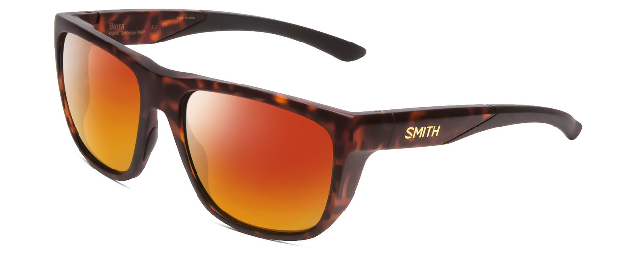 Profile View of Smith Optics Barra Designer Polarized Sunglasses with Custom Cut Red Mirror Lenses in Matte Tortoise Havana Brown Gold Unisex Classic Full Rim Acetate 59 mm