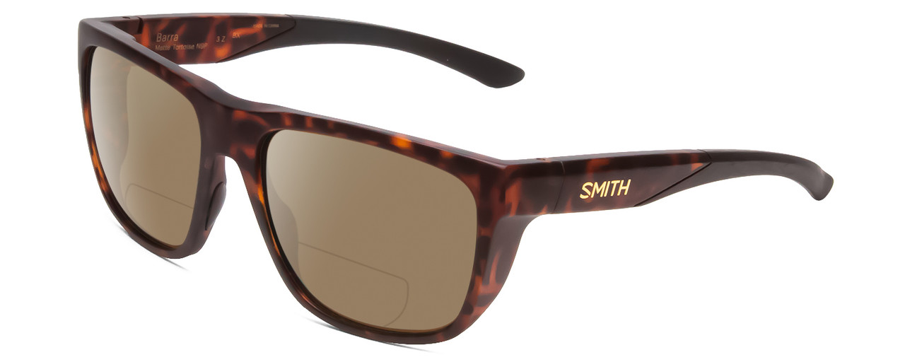 Profile View of Smith Optics Barra Designer Polarized Reading Sunglasses with Custom Cut Powered Amber Brown Lenses in Matte Tortoise Havana Brown Gold Unisex Classic Full Rim Acetate 59 mm