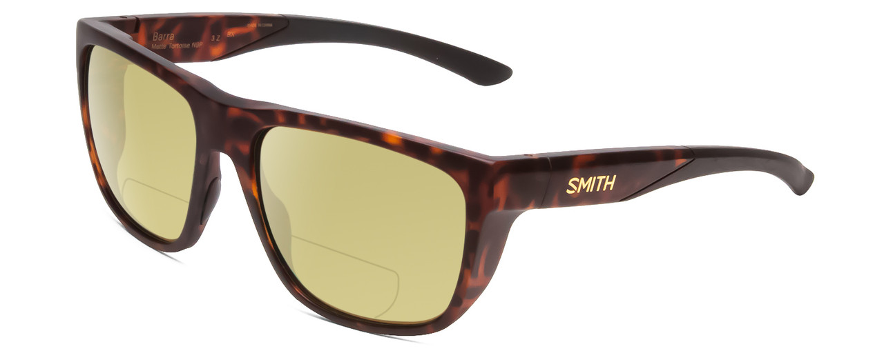 Profile View of Smith Optics Barra Designer Polarized Reading Sunglasses with Custom Cut Powered Sun Flower Yellow Lenses in Matte Tortoise Havana Brown Gold Unisex Classic Full Rim Acetate 59 mm