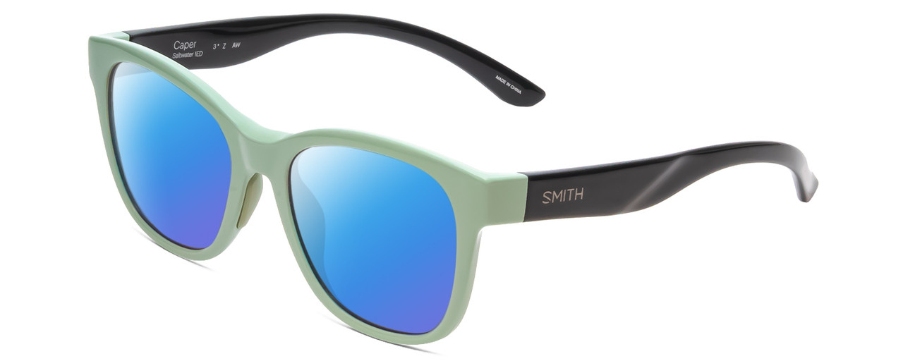 Profile View of Smith Optics Caper Designer Polarized Sunglasses with Custom Cut Blue Mirror Lenses in Saltwater Green Blue Ladies Cateye Full Rim Acetate 53 mm